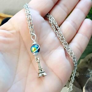 Dainty Holographic Glass Choker Necklace, Eiffel Tower Jewelry, Rainbow 14"